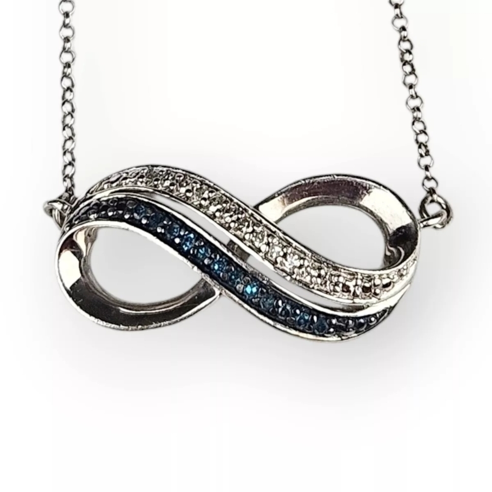 Diamond Infinity Sterling Chain Necklace Blue White Rhodium Plated 925 Silver